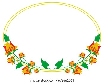 Oval decorative frame with abstract flowers. Vector clip art.