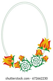 Oval decorative frame with abstract flowers. Vector clip art.