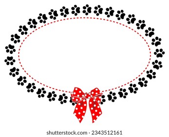 Oval decorative frame with black animal paws and a red bow polka dots.	
