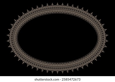 Oval decorative gold frame with arabesques and floral ornaments on black background. Ethnic Elegant gold oval element for design in Eastern style for ceramic, porcelain, embroidery, sandblasting