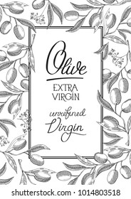 Oval design decorative postcard with text by the different printing type about olive extra virgin oil unrefined doodle hand drawing vector illustration