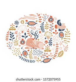
oval design element with floral motif, deer, bird and hare