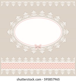 Oval doily frame with lacy border. Country style. For baby shower, menu, scrapbook design.