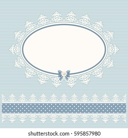 Oval doily frame with lacy border. Country style. For baby shower, menu, scrapbook design.