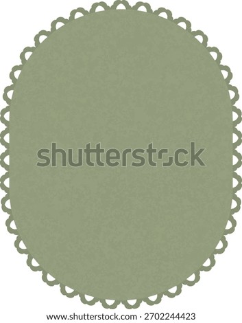 Oval doily frame with scalloped lace border, textured flat shading. Vintage lace mat, ornamental border frame, blank centerpiece, clean outline, Cartoon vector illustration