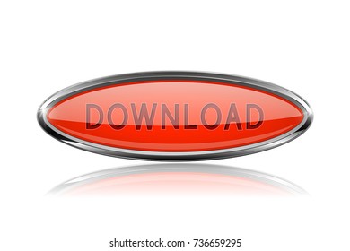 Oval DOWNLOAD button with bold chrome frame. 3d shiny icons. Vector illustration isolated on white background