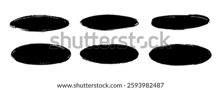 Oval dry paint stains set. Black grunge ink ellipse collection. Textured brush stroke round element pack. Hand drawn charcoal blobs for frame design, template, poster, banner. Vector circular spots