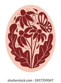 Ovale duotone abstrakte Blumenzusammensetzung isoliert auf weißem Hintergrund. Flache handgezeichnete Illustration mit Blumen und Schmetterling in Drucktechnik mit Grunge-Textur und Kratzern