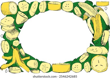Oval ellipse Frame made of  graphic Yellow Bananas and green tropical leaves on white background. Single Banana, Peeled Bunch, Slices vector illustration template for your text
