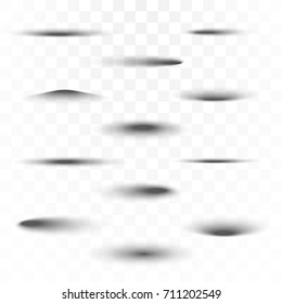 Oval or ellipse shadows set on transparent background. Vector round shadow effect.