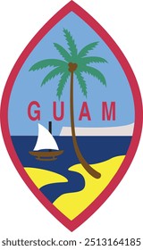 Emblema oval no centro, símbolo de coqueiro da bandeira de Guam