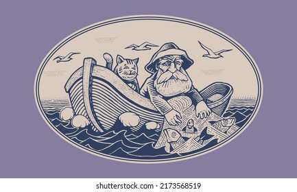 Oval emblem for seafood. An old fisherman and his cat in a boat are fishing with a net in the sea. Gravure style. Vector illustration