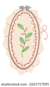 Oval embroidery hoop with embroidered flower branch on a canvas with a frame. Flat color illustration. Embroidery process. Handmade. Vector drawn illustration. Isolated object. Handmade embroidery