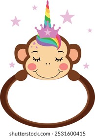 Oval empty frame with funny unicorn monkey face
