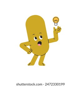 Oval figure thinking new idea, innovation, solution. Cute geometric character with inspiration. Ellipse shape with lamp, light bulb in hand. Flat isolated vector illustration on white background