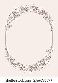 Oval floral frame with branches, small flowers and vertical side lines — hand-drawn line art vector illustration. Elegant oval decorative frame built from floral branches with small flowers and leaves, with straight vertical lines on the sides creating space for text. Perfect graphic for wedding invitations, communion cards, diplomas, certificates and stationery projects.
