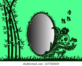 oval floral frame gradient fill and bamboo grove on green background