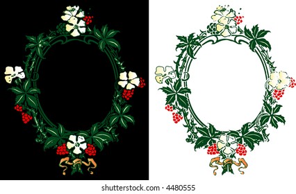 oval floral frame of mulberry arms isolated on black and white