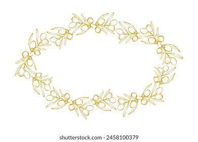 Oval floral frame from olives vector illustration isolated on white background. Hand drawn leaves. Healthy food design element.