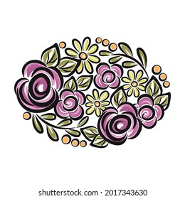 oval floral roses chamomile leaves purple yellow green white backgroun