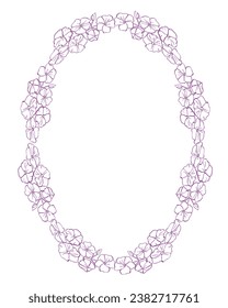 Oval floral vintage draw frame vector illustration. Hand drawn phlox inflorescences. Purple Floral border.