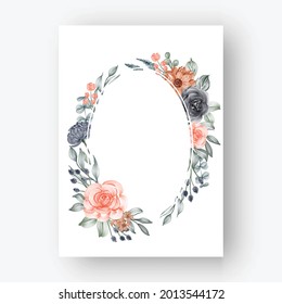 Oval Flower Frame With Watercolor Flowers Navy And Peach