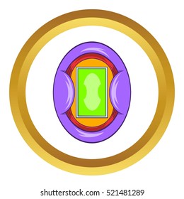 Oval football stadium vector icon in golden circle, cartoon style isolated on white background