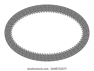 Quadro oval em estilo grego antigo isolado no fundo branco. Meandro grego. Ornamento circular. Padrões da Grécia, Roma antiga. Estilo grego vetorial. Para têxteis, bordados, porcelana, cerâmica