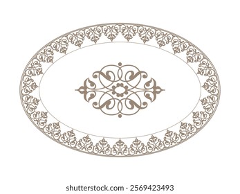 Oval frame arabesque. Oriental porcelain plate with gold pattern on white background. Plate with large floral element in the center.  Pattern frame for oval ceramics, textiles, patchworks