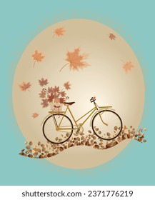 Ovaler Rahmen mit Herbstblättern und Fahrrad. Vektorgrafik