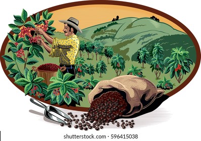 oval frame, with bags of coffee and coffee bin man on a plantation.