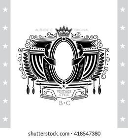 Oval Frame Between Flags, Laurel Wreath And Winding Ribbons. Vintage Label With Coat of Arms Isolated On White