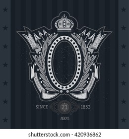 Oval Frame Between Laurel Wreath, Arrows And Winding Ribbon. Vintage Label With Coat of Arms On Blackboard