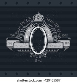 Oval Frame Between Line Pattern And Winding Ribbons For Your Text. Vintage Label With Coat of Arms On Blackboard