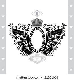 Oval Frame Between Line Pattern And Winding Ribbons. Vintage Label With Coat of Arms Isolated On White