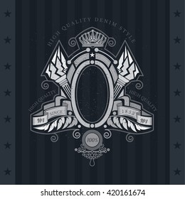 Oval Frame Between Ribbons And Cross Torch. Vintage Label With Coat of Arms On Blackboard