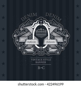 Oval Frame Between Winding Ribbons And Floral Line Pattern. Vintage Label With Coat of Arms On Blackboard
