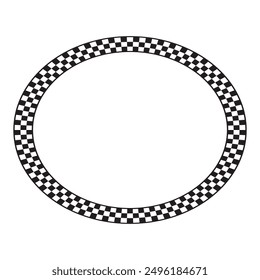 Oval frame with black and white checkered pattern. VPhoto or picture vignette with checkerboard, race flag or chess game plane print. Geometric framework. Vector graphic illistration.