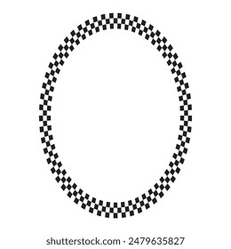 Oval frame with black and white squares checkered print. Elliptic vignette with checkerboard, race flag or chess game plane pattern. Geometric framework. Vector graphic illistration.