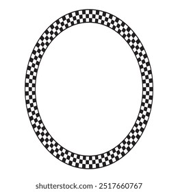 Oval frame with black and white squares checkered print. Elliptic vignette with checker board, rally flag or chess game plane pattern. Geometric framework. Vector graphic illistration.