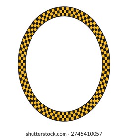 Oval frame with black and yellow checkered print. Vignette with taxi or police pattern isolated on white background. Elliptic geometric framework. Vector flat illistration.