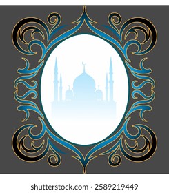 An oval frame with blue and gold ornaments featuring a mosque silhouette in light blue, giving a classic and luxurious feel.
