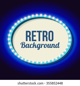 Oval frame with blue neon. Realistic 3D volumetric vintage frame. Retro sign with lights and empty place for your action, advertising, text messages. Vector illustration