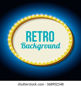 Oval frame with blue neon. Realistic 3D volumetric vintage frame. Retro sign with lights and empty place for your action, advertising, text messages. Vector illustration