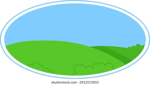 Oval frame with blue sky and green hills landscape. Simple countryside nature scene within a border. Tranquil and serene environment vector illustration.