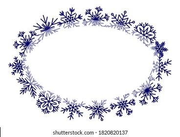 Marco ovalado con copos de nieve azules sobre fondo blanco - elemento para el diseño de invierno de Navidad y Año Nuevo