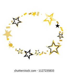 Oval frame or border Christmas gold and black stars confetti falling, isolated on white. Magic shining flying stars and glitter dots sparkle cosmic backdrop