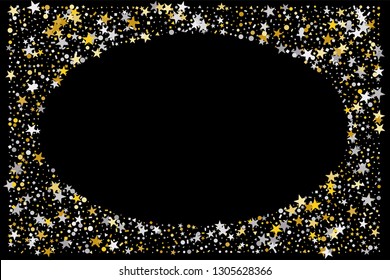Oval frame or border Christmas gold and silver stars confetti falling, isolated on black. Magic shining flying stars and glitter dots sparkle cosmic backdrop