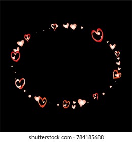 Oval frame or border Valentines day background with random hand drawn falling red hearts isolated on black.