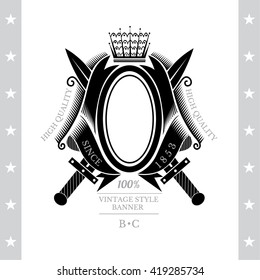Oval Frame In Center Between Cross Swords and ribbon. Vintage Label With Coat of Arms Isolated On White